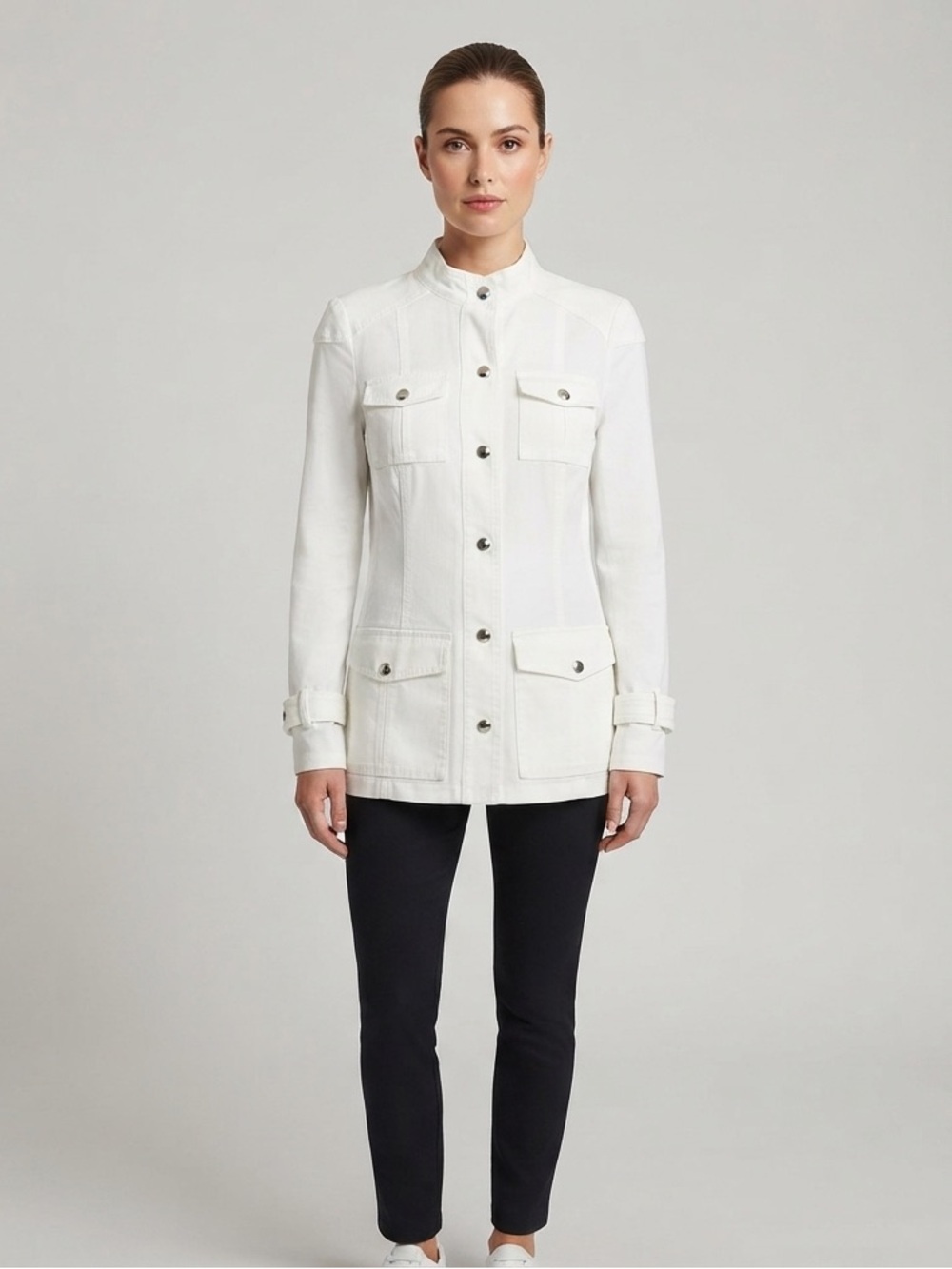 W by Worth White Utility Jacket Military Mandarin Collar Stretch Size 4 NWT